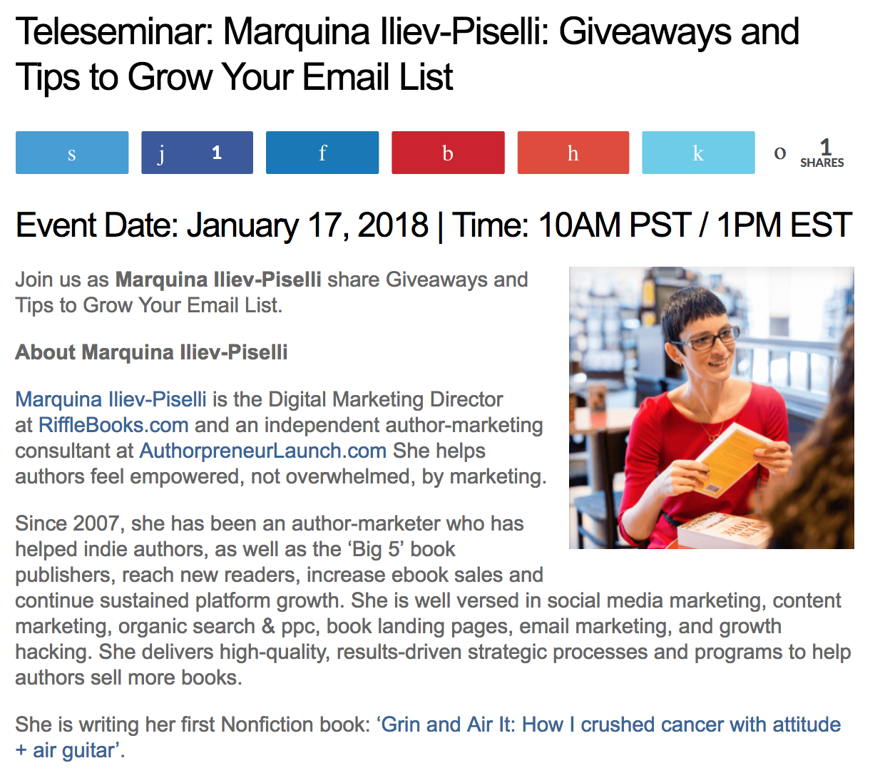 Teleseminar: Marquina Iliev-Piselli: Giveaways and Tips to Grow Your Email List