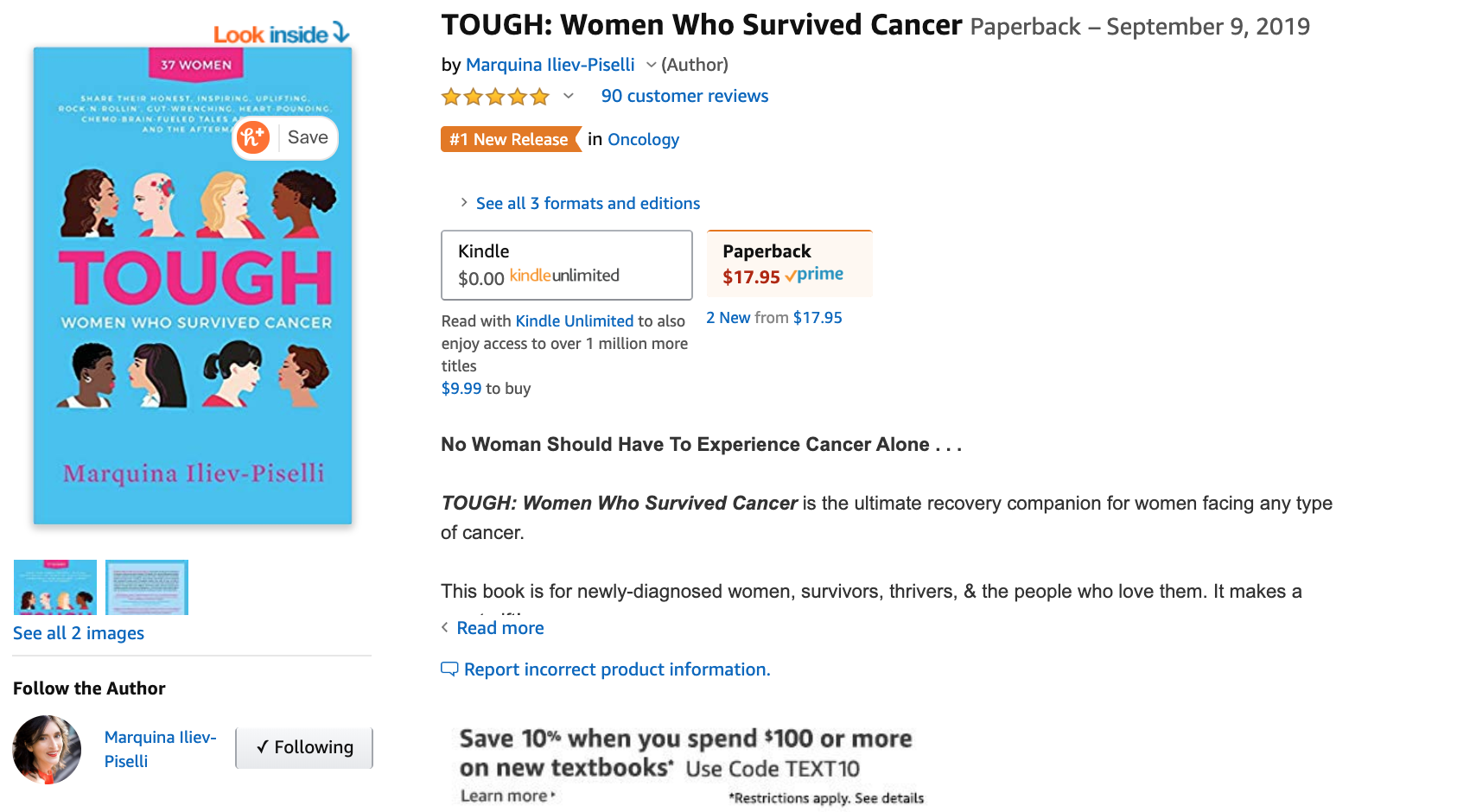 The book 'TOUGH: Women Who Survived Cancer' is a #1 New Release and has 90 book reviews in 1 week